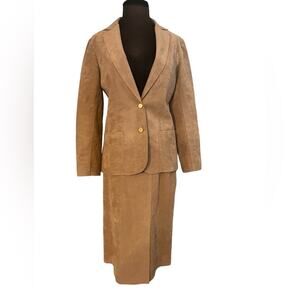 Vtg Ultra Suede Tan Neutral Power Suit Blazer Office Skirt Coord Set